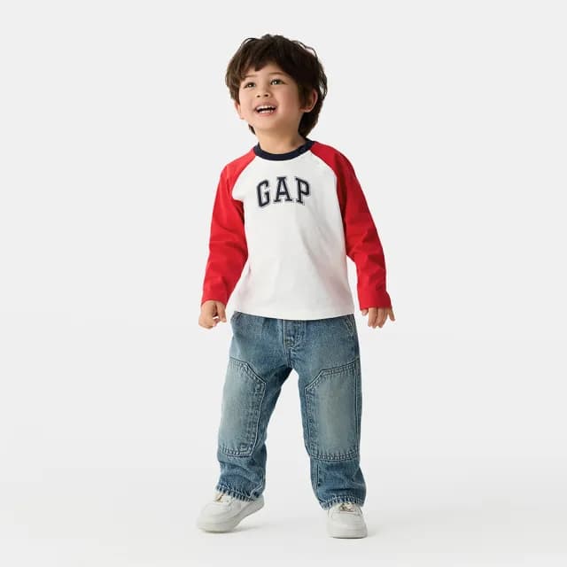 【GAP】兒童裝 Logo純棉印花圓領長袖T恤-紅色(687263)