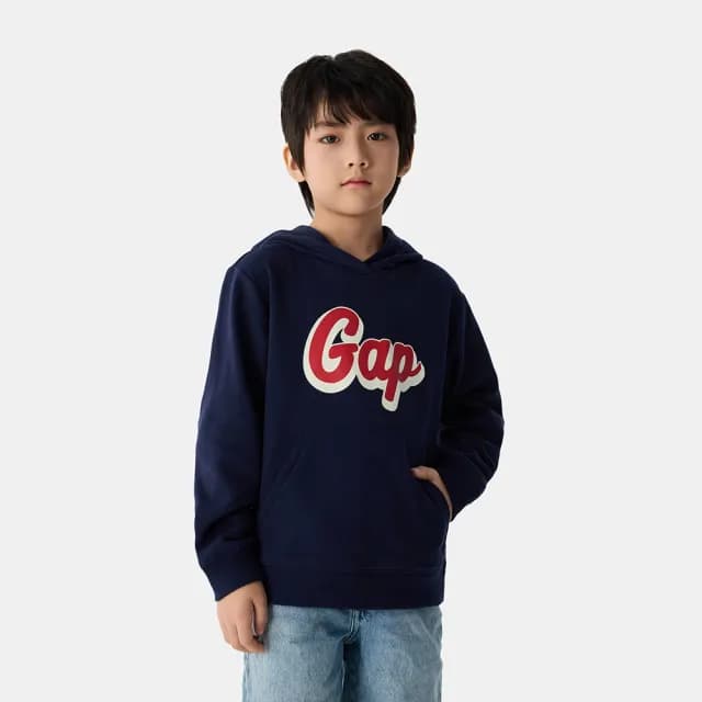 【GAP】兒童裝 Logo印花帽T 碳素軟磨法式圈織系列-海軍藍(687366)