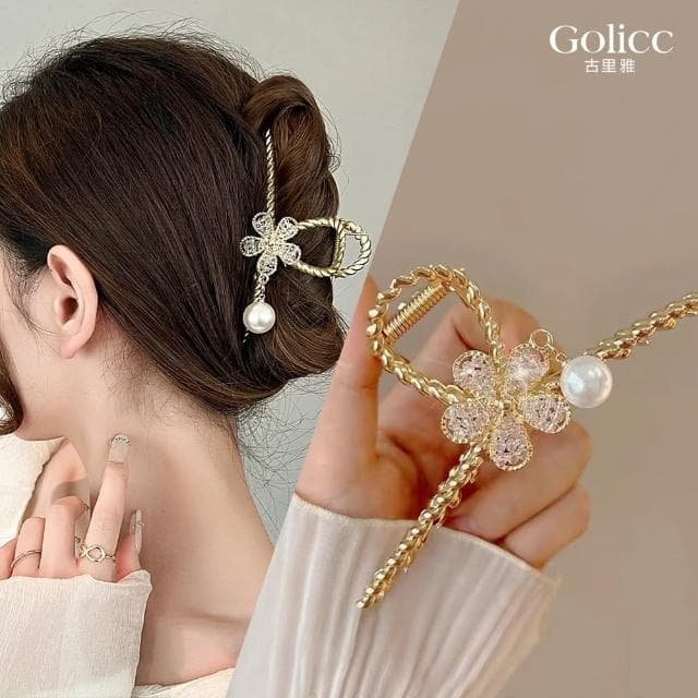 【Golicc】髮夾 金色沁雅 仙氣 大抓夾(母親節 生日 情人節 髮飾 頭飾 鯊魚夾 抓夾 禮物)