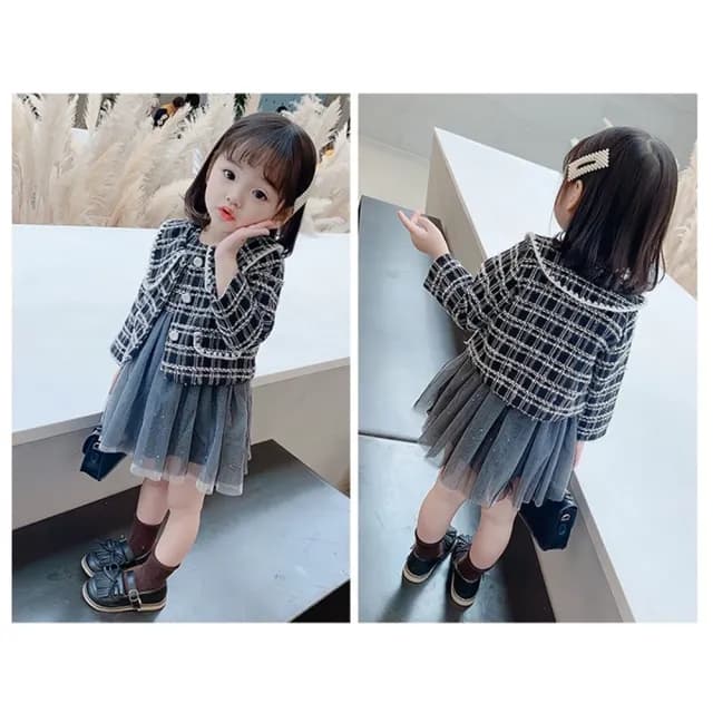 【橘魔法】翻領小香風交錯編織毛呢套裝(長袖外套 紗裙洋裝 無袖洋裝 外套 女童 洋裝 童裝 兒童)