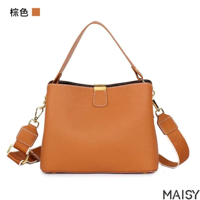 【MAISY】情人節禮物 真皮 時尚百搭雙肩帶質感頭層牛皮手提包(真皮包包 棕色／黑色／綠色／米色／卡其色)