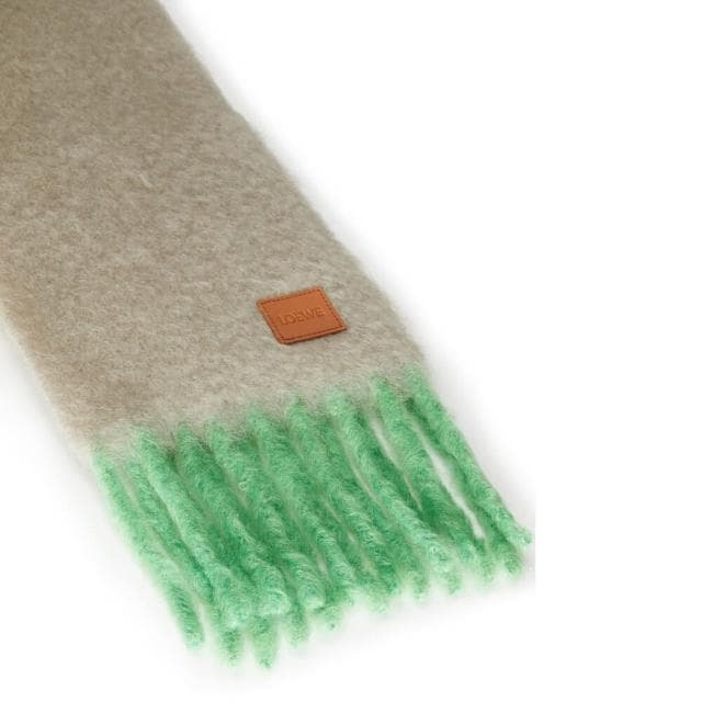 【LOEWE 羅威】Wool Mohair 羊毛與馬海毛混紡 圍巾 米色 綠色