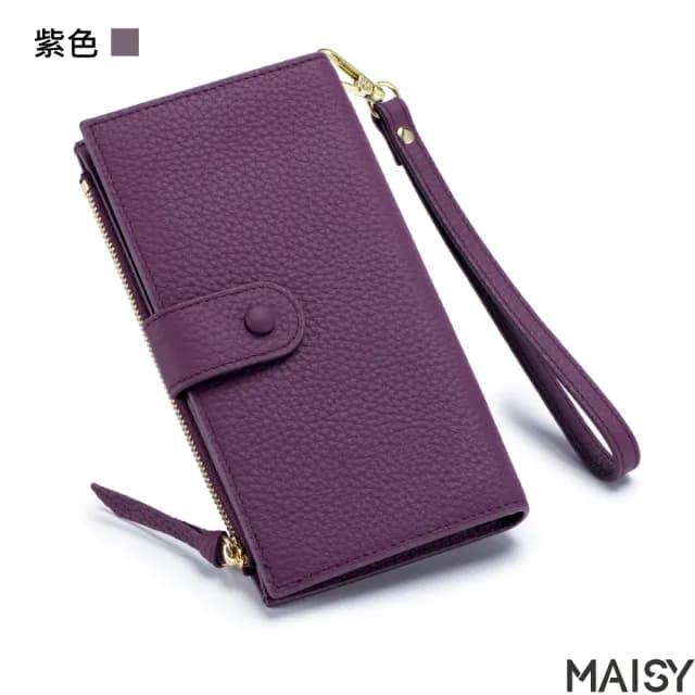 【MAISY】真皮包包  質感頭層牛皮簡約純色多夾層錢包 長夾(棕色 / 卡其色／藍色／紫色／橘色 / 黑色)