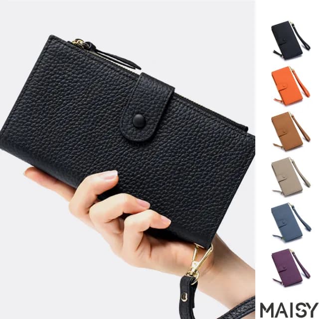 【MAISY】真皮包包  質感頭層牛皮簡約純色多夾層錢包 長夾(棕色 / 卡其色／藍色／紫色／橘色 / 黑色)