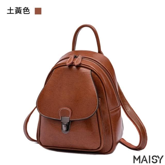 【MAISY】母親節禮物 復古油蠟牛皮後背包(現+預 綠色／黑色／土黃色／咖啡色)