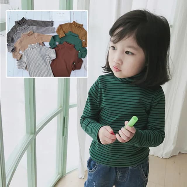 【橘魔法】百搭全棉條紋高領長袖上衣(打底衫 內搭衣 女童 童裝 兒童 男童 中性款)