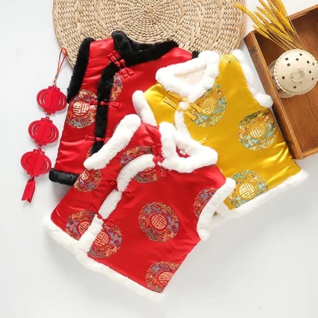 【橘魔法】龍鳳福字喜鶴毛毛領刺繡背心(大童 中國風 新年 過年 拜年 馬甲 唐裝 大紅 男童 女童 童裝 兒童)