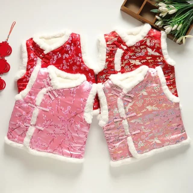 【橘魔法】龍鳳福字喜鶴毛毛領刺繡背心(大童 中國風 新年 過年 拜年 馬甲 唐裝 大紅 男童 女童 童裝 兒童)