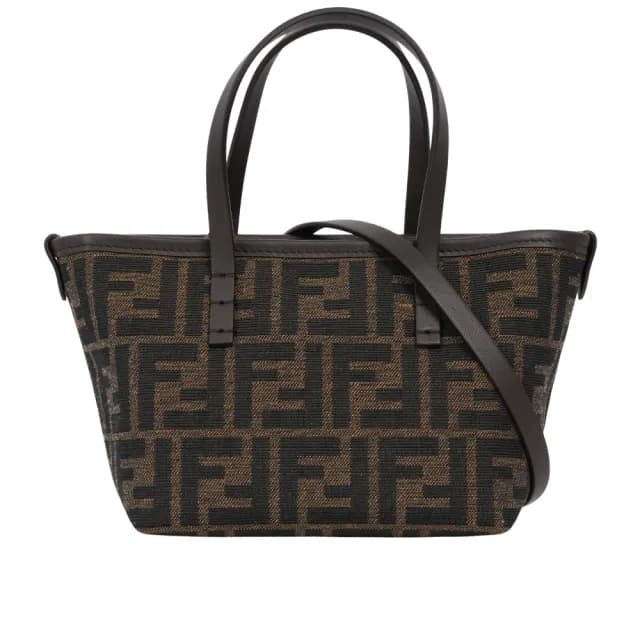 【FENDI 芬迪】Roll FF Logo 緹花布迷你手提/斜背二用包(棕色)