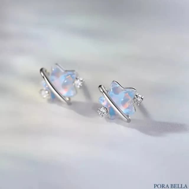 【Porabella】S925純銀鋯石耳環耳釘 星星耳釘 月光石耳環 招好運桃花耳針 耳飾 Earrings