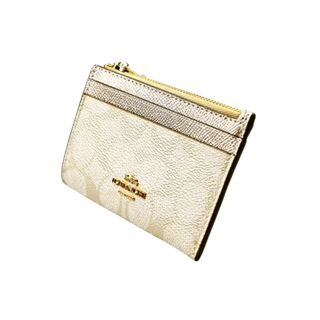 【COACH】Logo PVC前卡夾鑰匙零錢包(香檳金C)