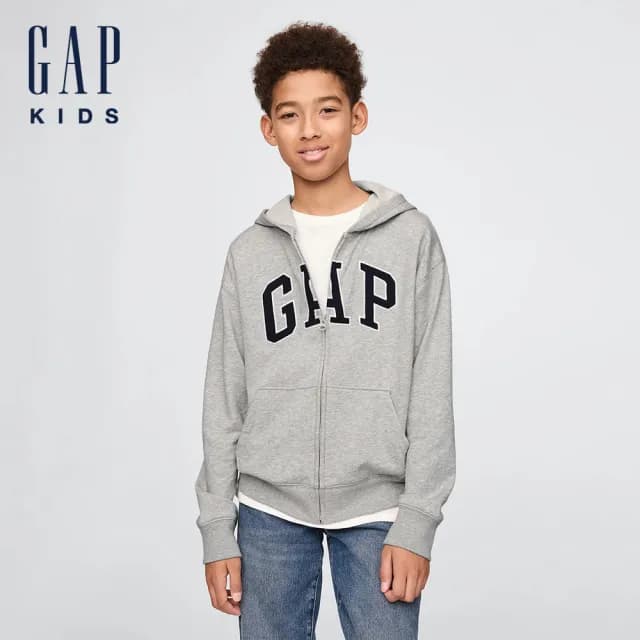 【GAP】男童裝 Logo刺繡連帽外套-灰色(743966)