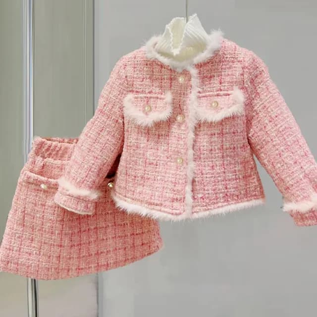 【橘魔法】粉嫩氣質名媛毛邊毛尼長袖外套+窄裙(套裝 外套 裙子 短裙 小香風 女童 童裝 兒童)