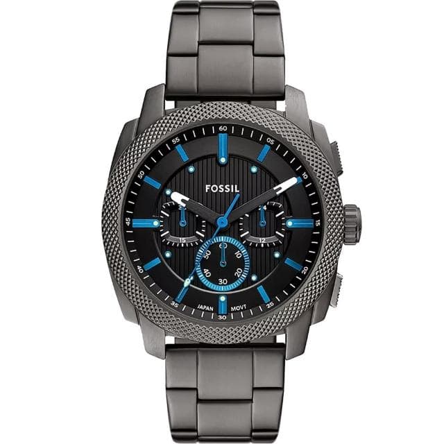 【FOSSIL】Machine 簡約撞色工業風三眼計時手錶-黑x藍/44mm 母親節 送禮 禮物(FS6098)