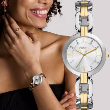 【FOSSIL】Kerrigan 晶鑽大三針雙色女錶-銀x金/32mm 禮物 送禮 推薦(BQ5000)