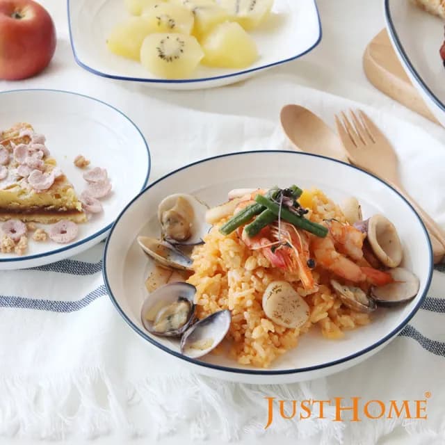 【Just Home】簡約純白藍邊陶瓷碗盤餐具組-27件(可微波 碗 碗盤 餐盤 泡麵碗 魚盤 送禮)