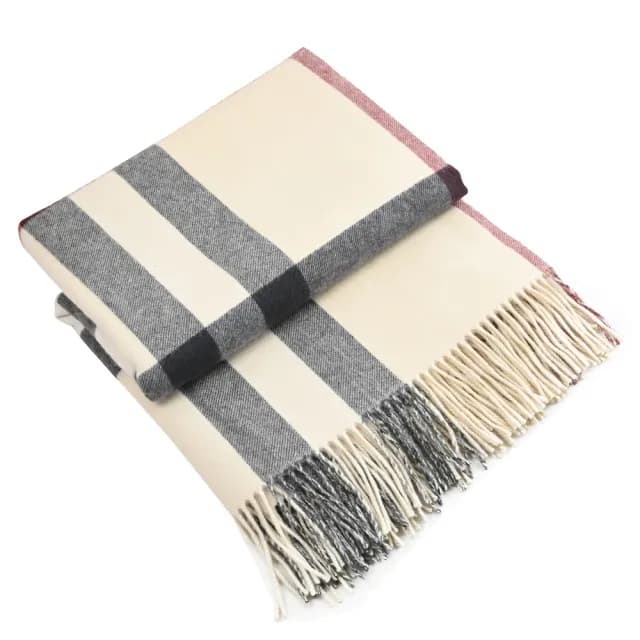 【BURBERRY 巴寶莉】英系經典格紋100%喀什米爾羊毛保暖披肩長圍巾/毛毯(米白)