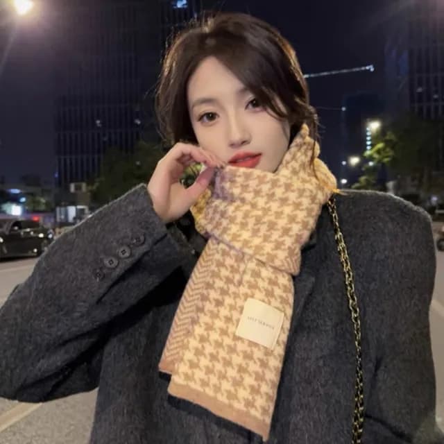 【橘魔法】千鳥紋針織窄版圍巾(雙面可圍 圍脖 圍脖 大人 配件 寒流 保暖 交換禮物)