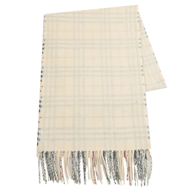 【BURBERRY 巴寶莉】英系經典格紋100%喀什米爾羊毛保暖雙面披肩長圍巾(米白)