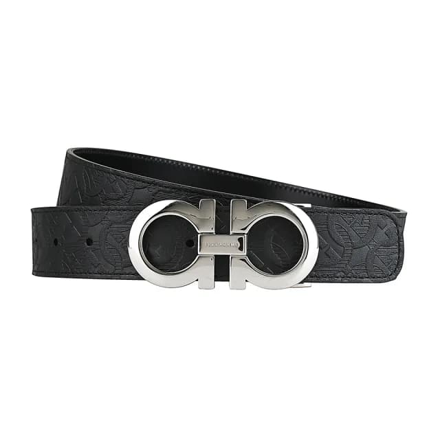 【Salvatore Ferragamo】SALVATORE FERRAGAMO GANCINI金屬LOGO環扣圖案小牛皮雙面釦式皮帶(寬版/黑)