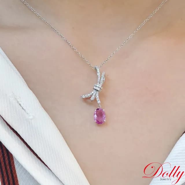 【DOLLY】1克拉 天然粉紅藍寶石14K金鑽石項鍊-015(母親節 長輩送禮 交換禮物首選)