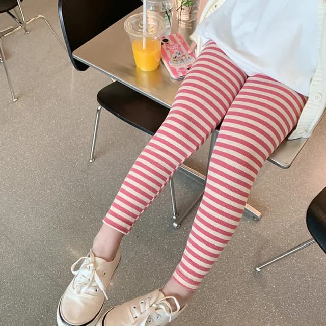 【橘魔法】重色條紋羅紋內搭褲(大童 長褲 褲子 貼身褲 合身褲 女童 童裝 兒童)