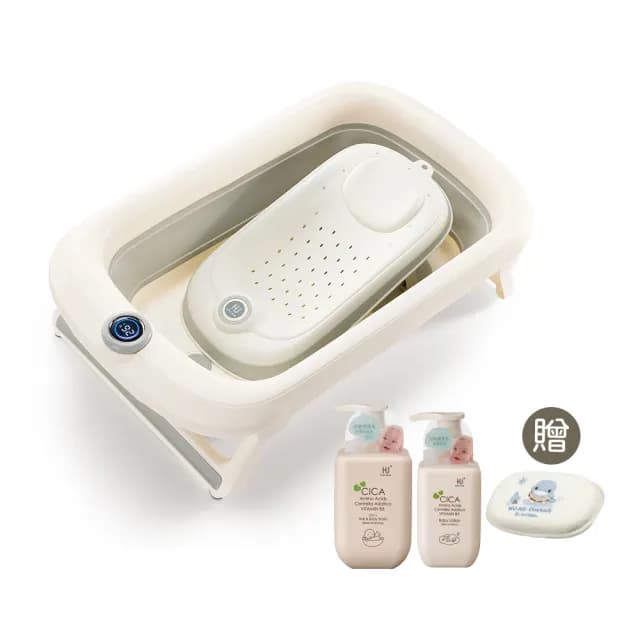 【KU.KU. 酷咕鴨】KUKU PLUS豪華型感溫摺疊浴盆45L+沐浴床洗沐優惠組(搭配積雪草洗髮沐浴乳/乳液)