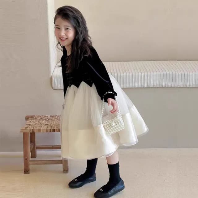 【橘魔法】典雅拼接亮片紗裙洋裝(連衣裙 連身裙 長袖洋裝 女童 童裝 兒童 禮服 攝影 女童 兒童 童裝)