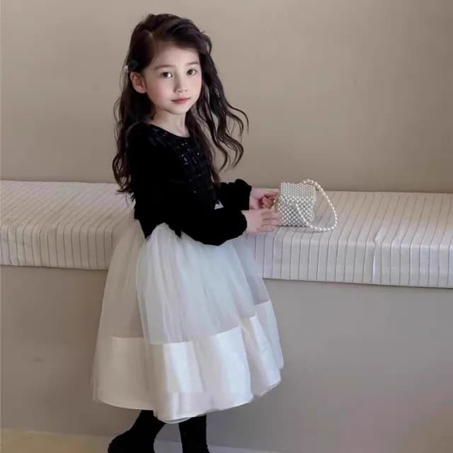 【橘魔法】典雅拼接亮片紗裙洋裝(連衣裙 連身裙 長袖洋裝 女童 童裝 兒童 禮服 攝影 女童 兒童 童裝)