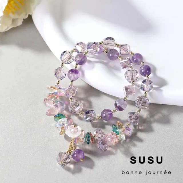 【SU SU】多寶水晶雙圈粉鑽手鍊(草莓晶 紫水晶 粉水晶 事業運 招財 轉運 能量 防小人 水晶手鍊)