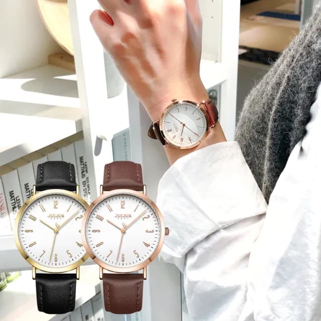 【JULIUS 聚利時】最初計時 皮革經典文青腕錶 JA-1017(五色/37.5mm)
