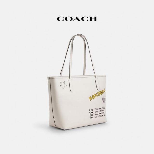 【COACH】蔻馳官方直營 CITY素描印花托特手袋-IM/粉筆白色 混合色(CAK18)