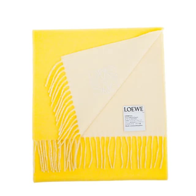 【LOEWE 羅威】經典刺繡Anagram 圖案羊毛羊絨混紡流蘇圍巾(黃色)