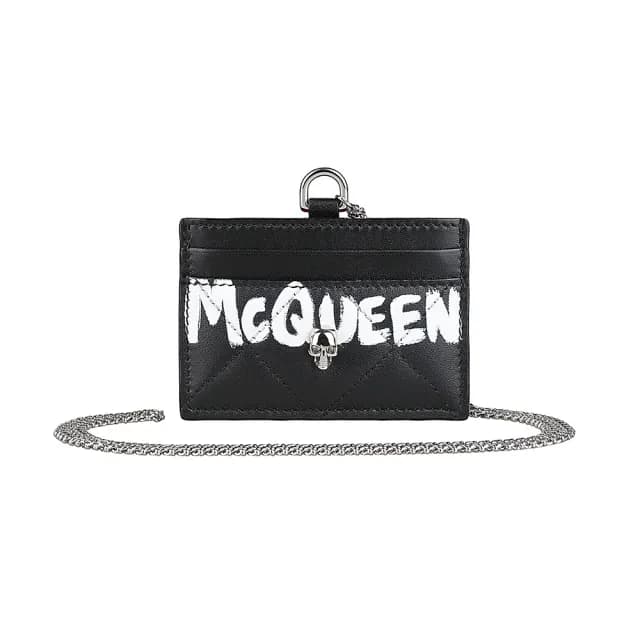 【ALEXANDER MCQUEEN】ALEXANDER McQUEEN 白字LOGO 3卡骷髏頭設計小牛皮掛繩卡片夾(黑x紅)