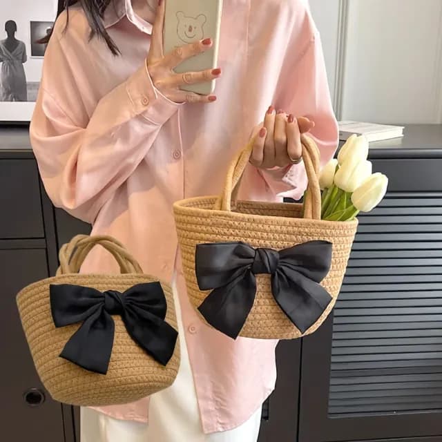 【夏日風情】父親節禮物 草編蝴蝶結手提包(手拿包 肩背包 女 斜挎包 手拎包 通勤包 學生包 托特包 環保袋  