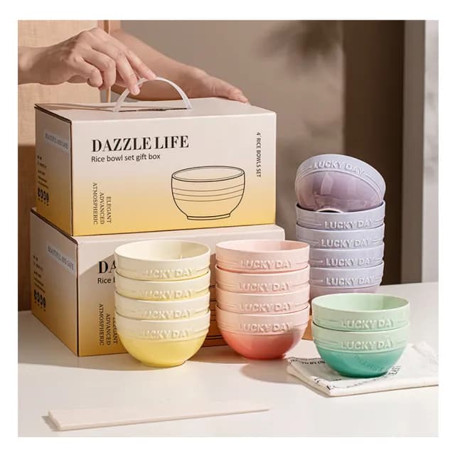 【居家新生活】漸層馬卡龍碗筷禮盒 四碗四筷(碗 筷子 飯碗 餐具組 禮盒組)