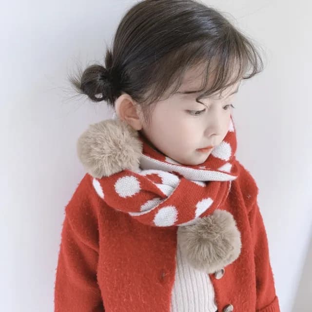 【安朵童舖】現貨日韓版兒童毛線圍巾復古圓點兒童圍巾針織雙面男童毛線球圍巾女童圍巾小童圍巾(105)