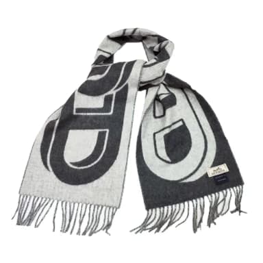 【Hermes 愛馬仕】H394825T 07 Maillons TGM經典羊毛雙面編織流蘇圍巾(黑X灰色)