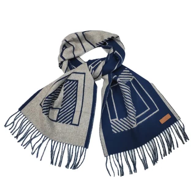 【Hermes 愛馬仕】H259152S 03 Casaque Lettres au Carre經典羊毛雙面編織流蘇圍巾(藍X米色)