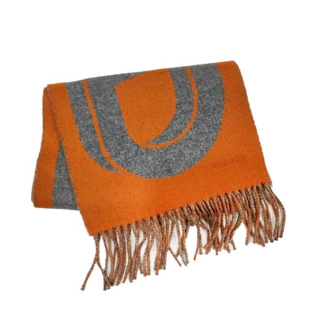 【Hermes 愛馬仕】H394825T 05 Maillons TGM經典羊毛雙面編織流蘇圍巾(橘X灰色)