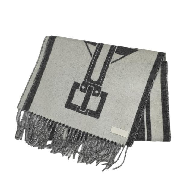 【Hermes 愛馬仕】H259151S 01 Casaque Les Sangles經典羊毛雙面編織流蘇圍巾(象牙白X灰色)