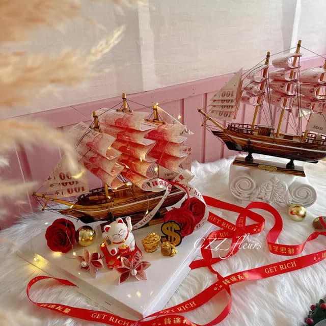 【喜滋滋花藝】大船入港招財貓開幕賀禮_純製作費/真鈔另外轉帳(開幕/新居/升遷/企業賀禮/鈔票花/生日禮物)