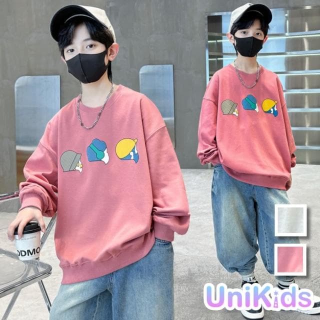 【UniKids】中大童裝長袖T恤插畫人物 男大童裝女大童裝  VPWY8502(米白 粉)