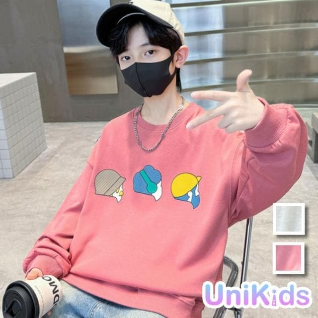 【UniKids】中大童裝長袖T恤插畫人物 男大童裝女大童裝  VPWY8502(米白 粉)