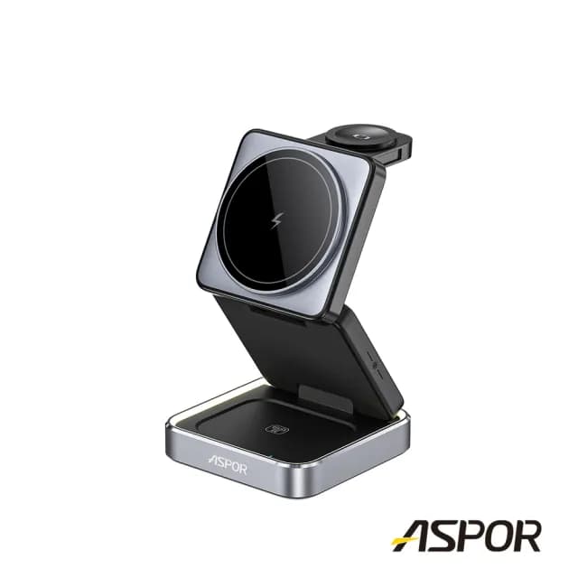 【ASPOR】W90 22W小魔方摺疊三合一磁吸無線充電座(手機/AppleWaetch手錶/耳機無線充電/呼吸氣氛燈)