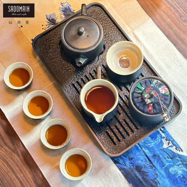 【SADOMAIN 仙德曼】粗陶方圓茶具旅組10件組-附收納提盒(一壺四杯/露營泡茶組/收納茶器套組/旅行茶具組)