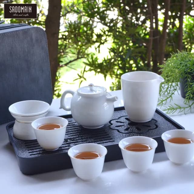 【SADOMAIN 仙德曼】鑲金白玉茶具旅組9件組-附收納提盒(一壺四杯/露營泡茶組/收納茶器套組/旅行茶具組)