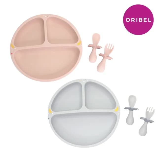 【Oribel】寶寶學習餐具-餐盤叉匙組(學習餐具/副食品/矽膠/餐盤/叉子/湯匙)