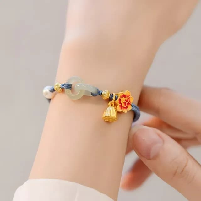 【環環相扣】雙色蓮花平安扣珍珠編織手繩(可調節 保平安  復古手鍊 閨蜜手鍊 對飾 情侶配件 飾品 禮物)