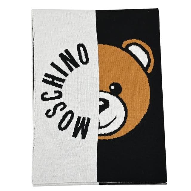 【MOSCHINO】經典品牌LOGO泰迪熊雙色混羊毛窄版針織披肩長圍巾(白/黑)